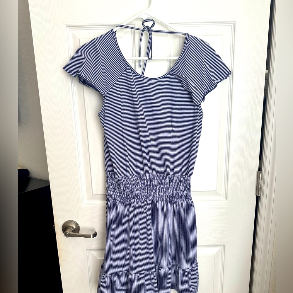 Parker blue and white striped cotton dress with back ruffle /med/